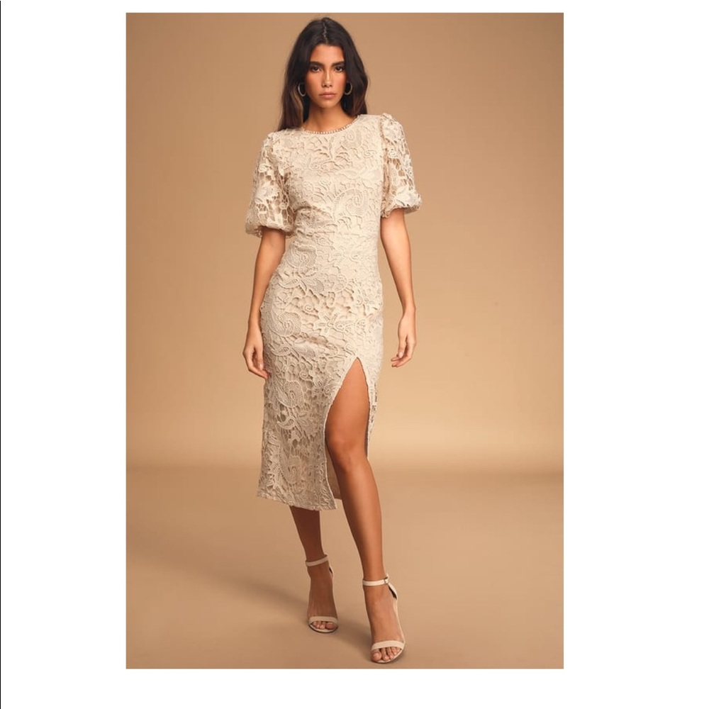 Lace puff sleeve midi dress